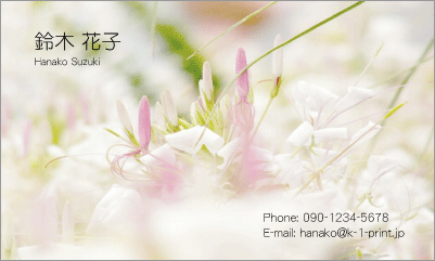 [g-0022]ピンクと白が優しくエレガントな雰囲気の花名刺。書体も曲線的なものを使用しているので柔らかな印象です。花名刺で爽やかに明るい印象を！な名刺:デザイン名刺.net