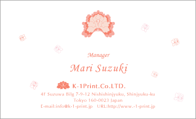 [p-0067]エスニックなピンクの花がポイントのかわいい名刺。ショップカードとしても是非どうぞ！甘すぎない優しい印象のデザインが人気です♪エスニック調で淡いピンクの花が優しい印象を与えてくれます！な名刺:デザイン名刺.net
